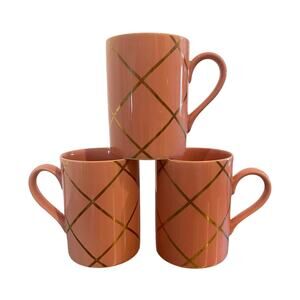 1986 Fitz and Floyd Windowpane mugs, set of 3, gold stripes on coral base.